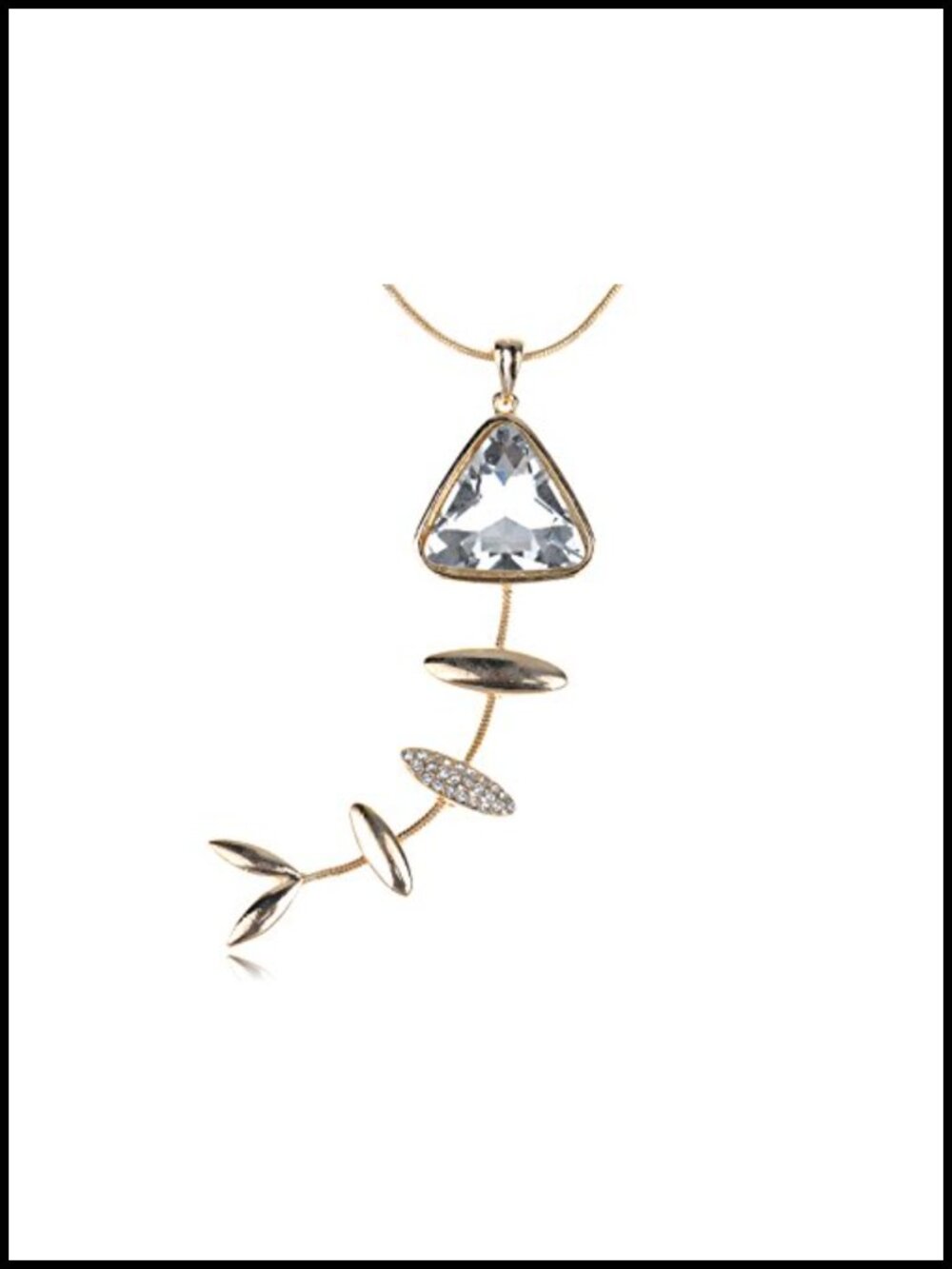 Silvery Tone Clear Rhinestone Fish Bone Pendant Necklace with Extender Chain